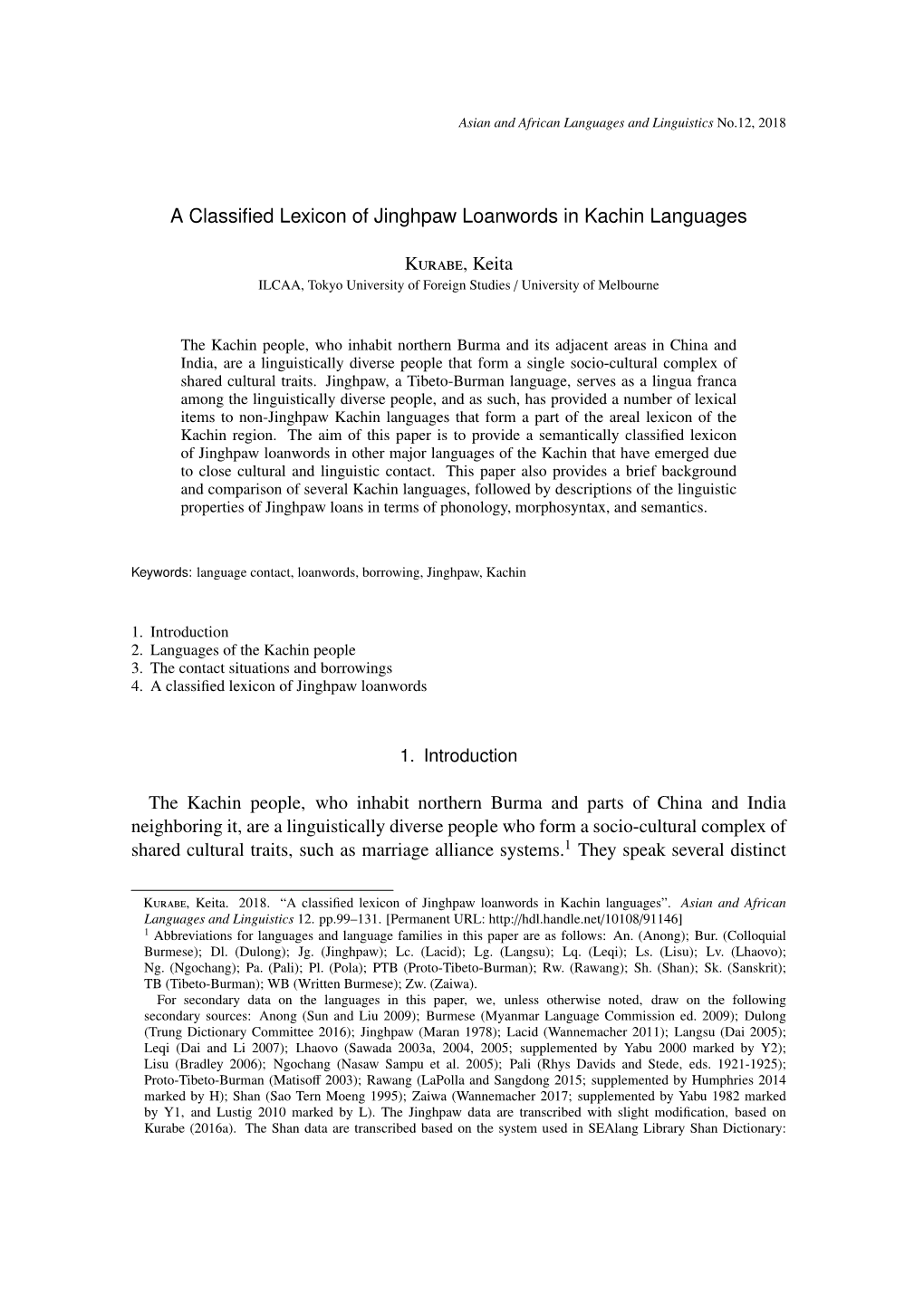 A Classified Lexicon of Jinghpaw Loanwords in Kachin Languages