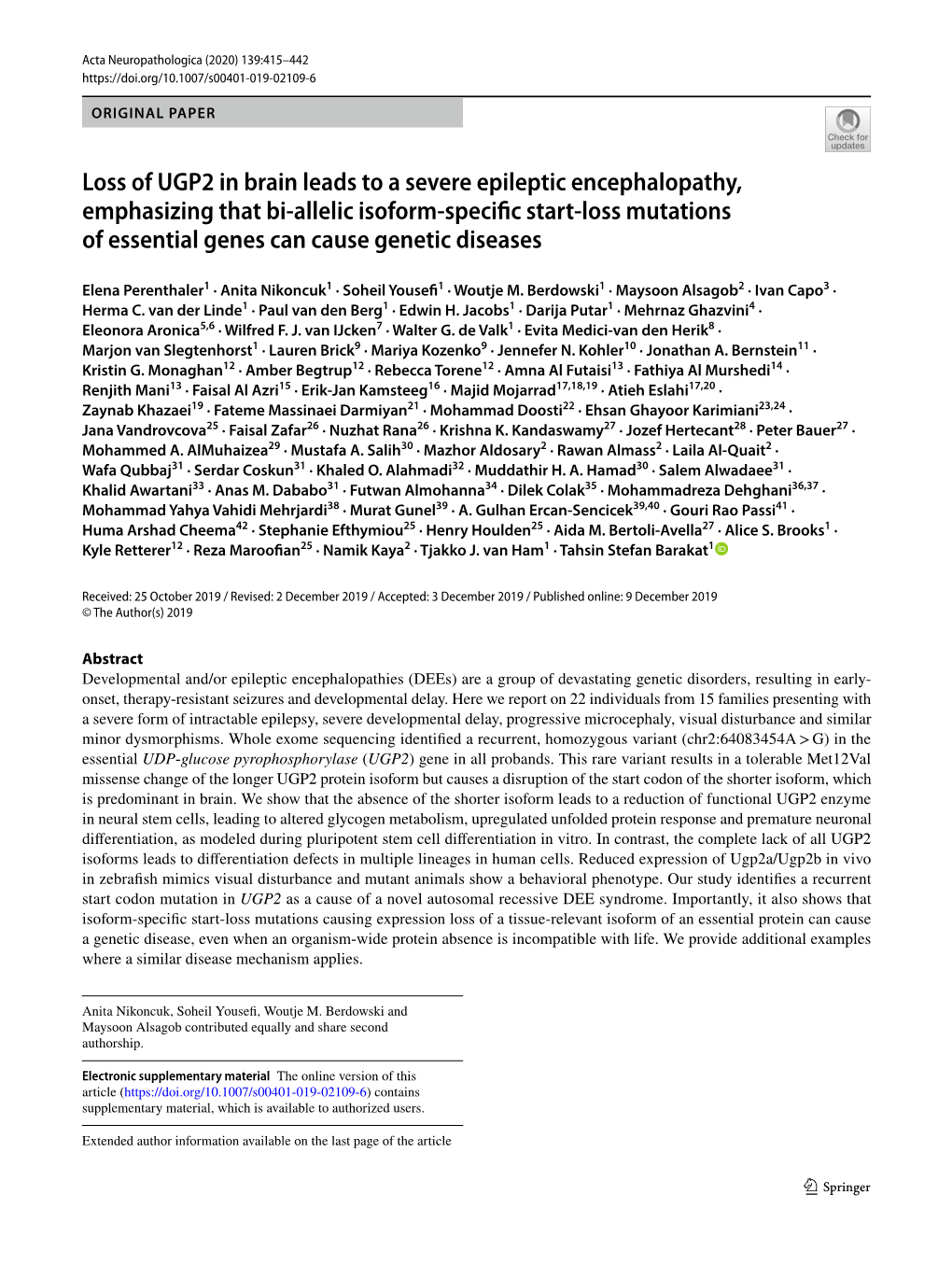 Loss of UGP2 in Brain Leads to a Severe Epileptic Encephalopathy