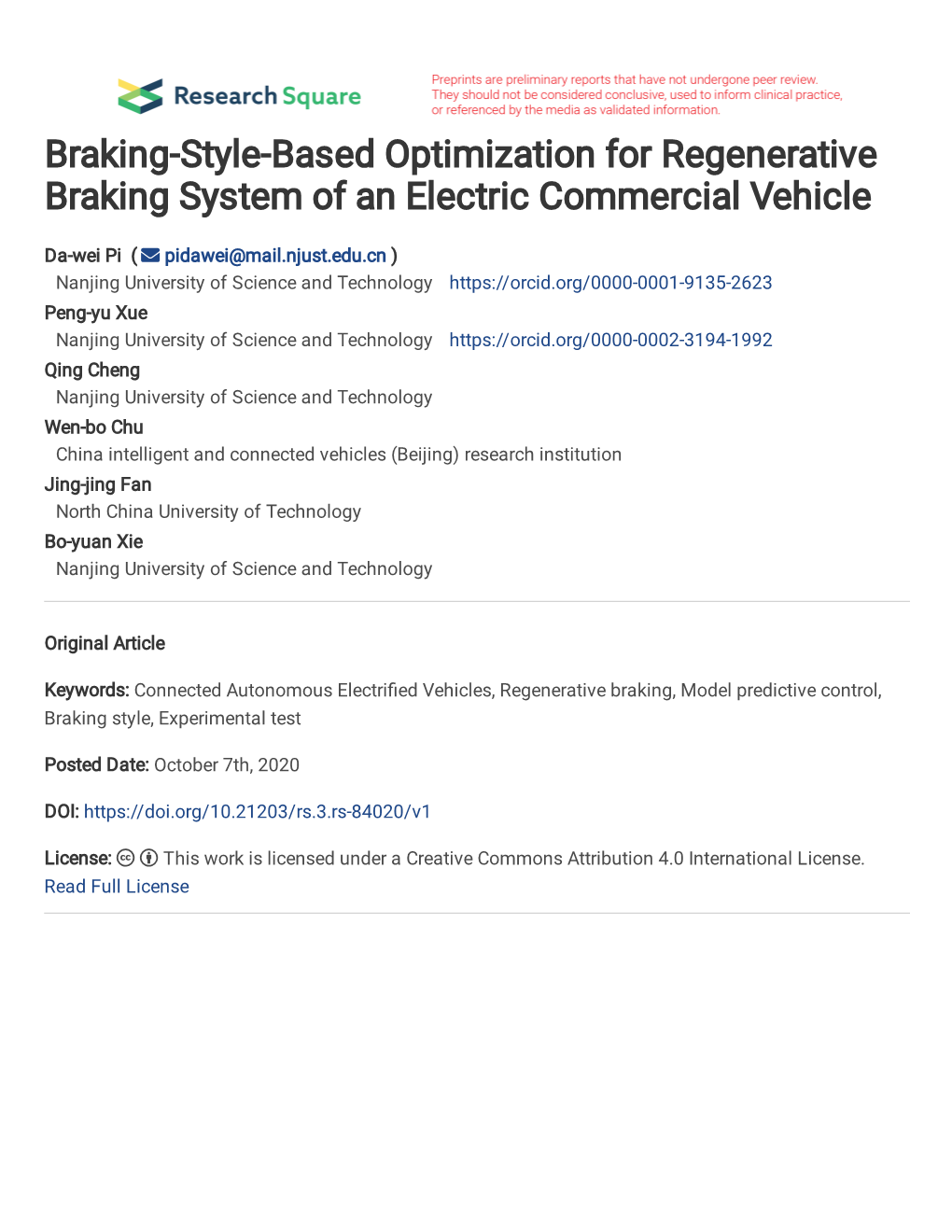 Title Page Braking-Style-Based Optimization for Regenerative