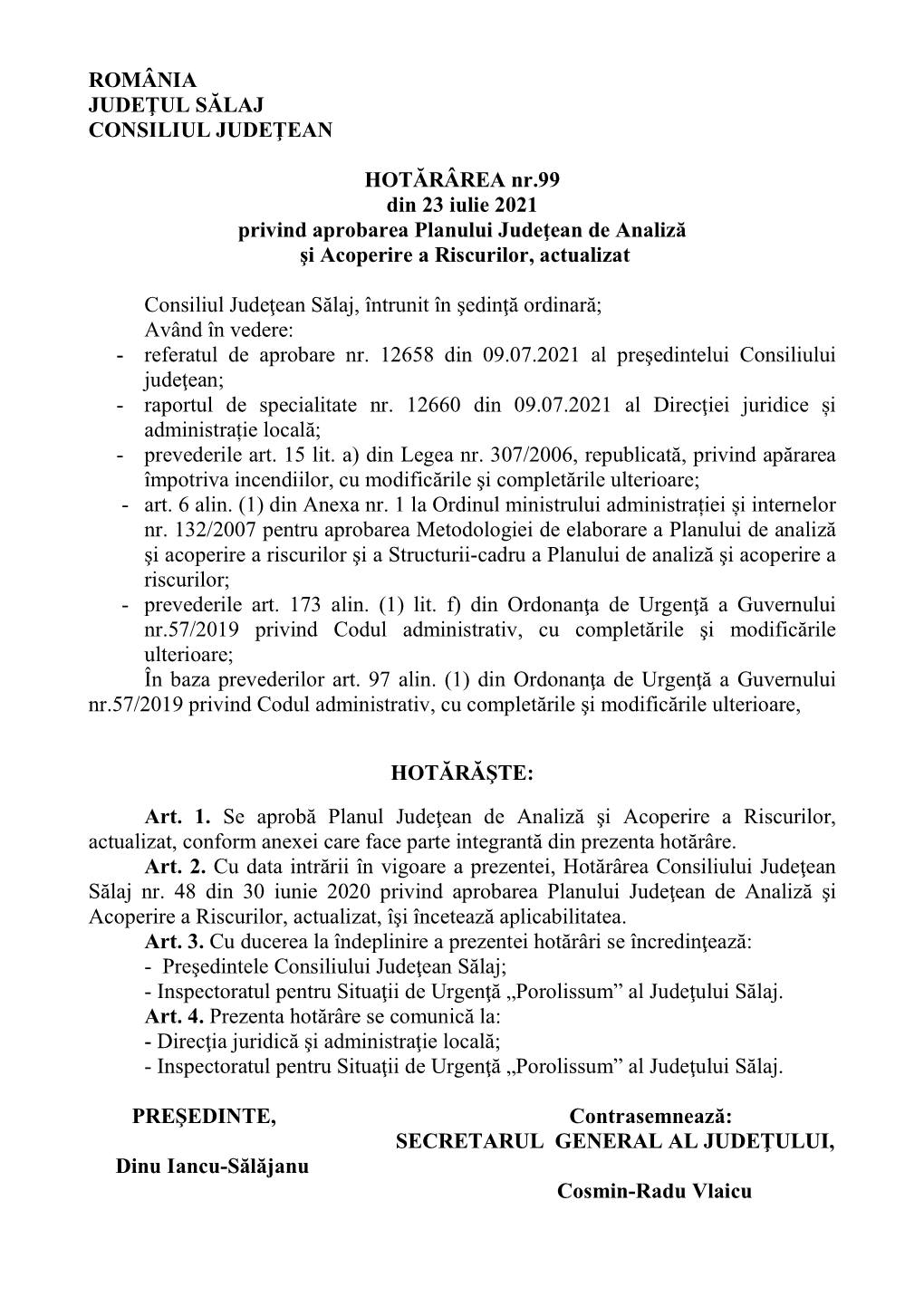 Hotărârea Nr. 99 Din 23 Iulie 2021 Privind Aprobarea Planului