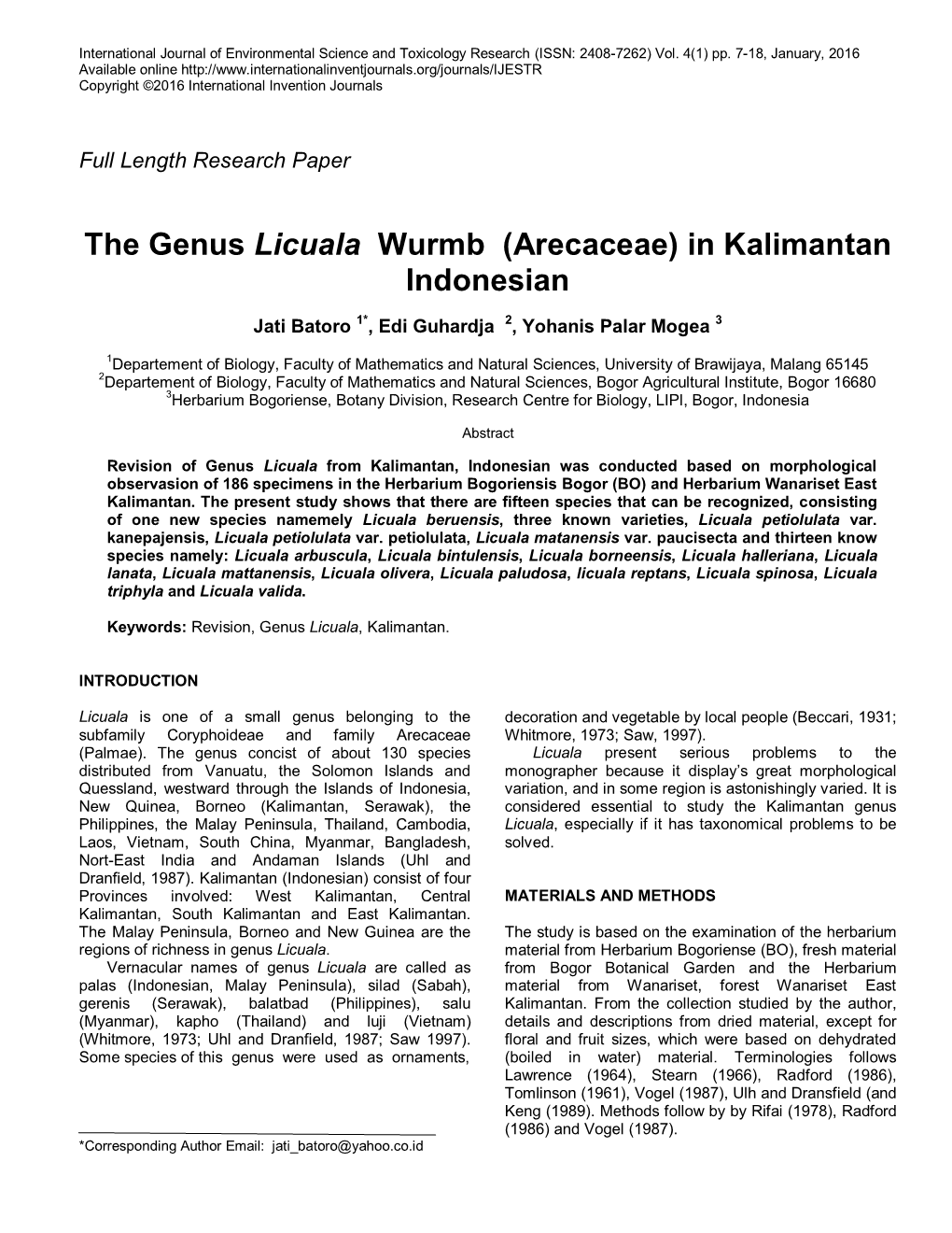 The Genus Licuala Wurmb (Arecaceae) in Kalimantan Indonesian
