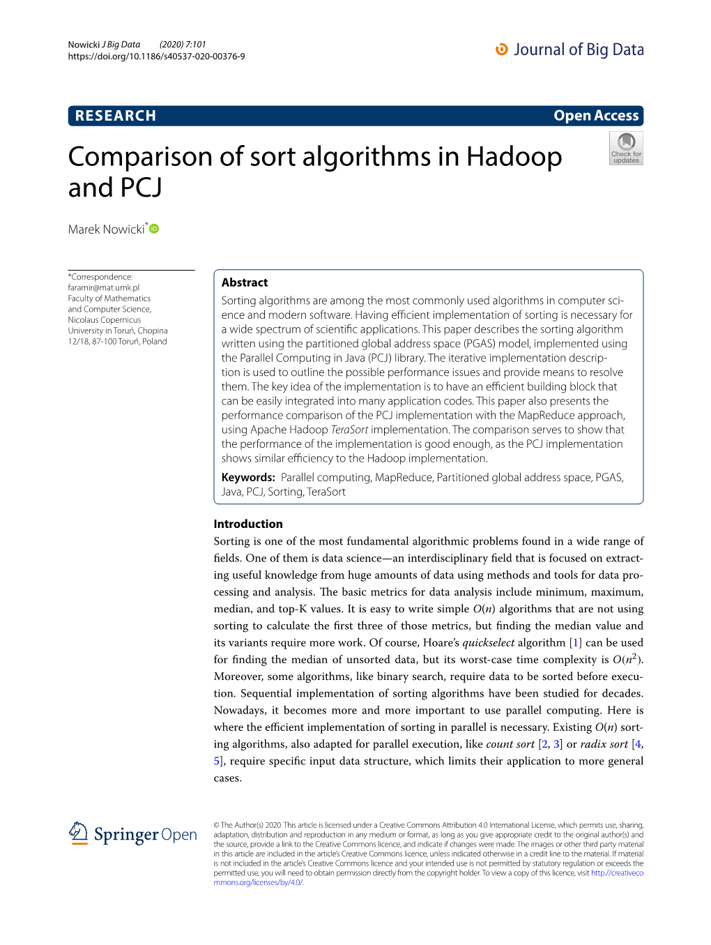 Comparison of Sort Algorithms in Hadoop and PCJ