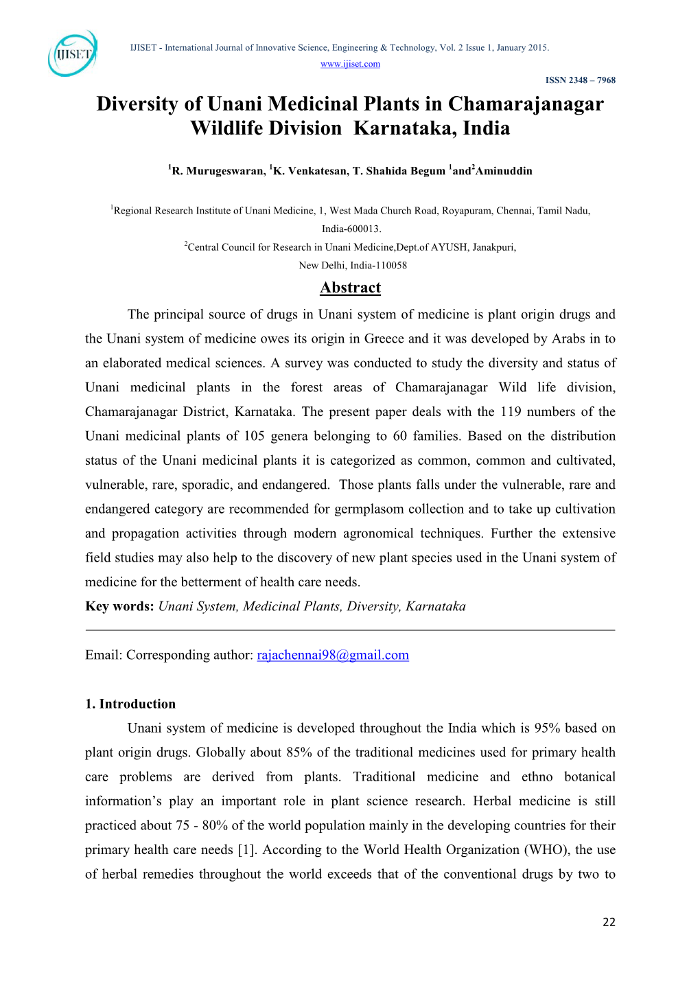 Diversity of Unani Medicinal Plants in Chamarajanagar Wildlife Division Karnataka, India