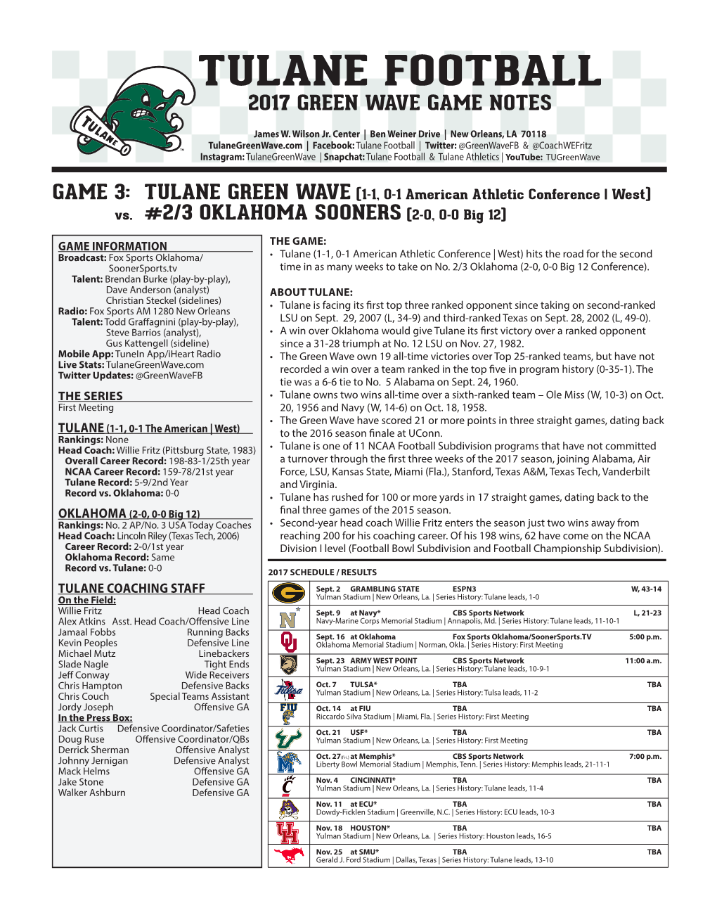 Tulane Football 2017 Green Wave Game Notes