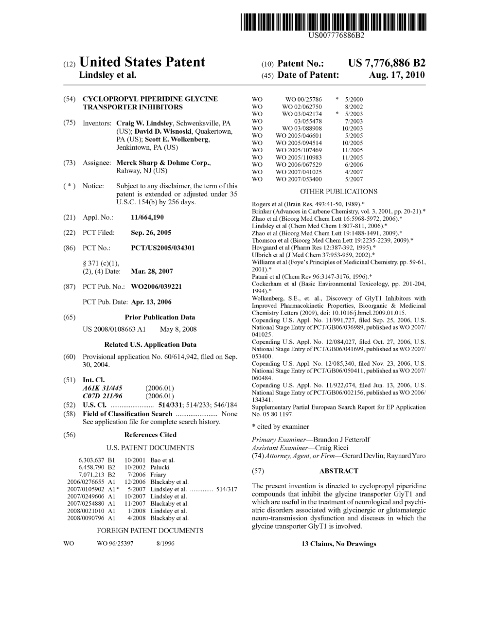(12) United States Patent (10) Patent No.: US 7,776,886 B2 Lindsley Et Al