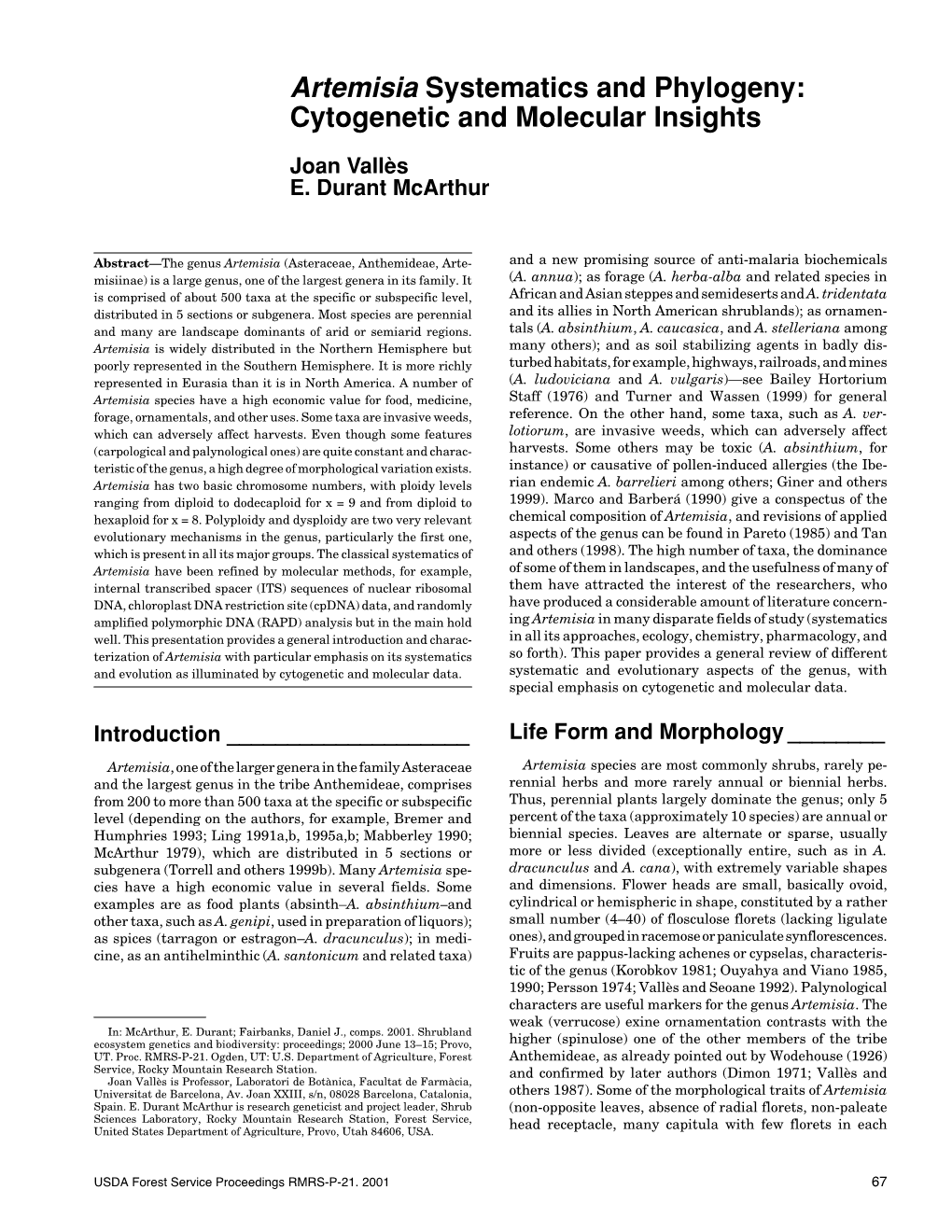 Artemisia Systematics and Phylogeny: Cytogenetic and Molecular Insights