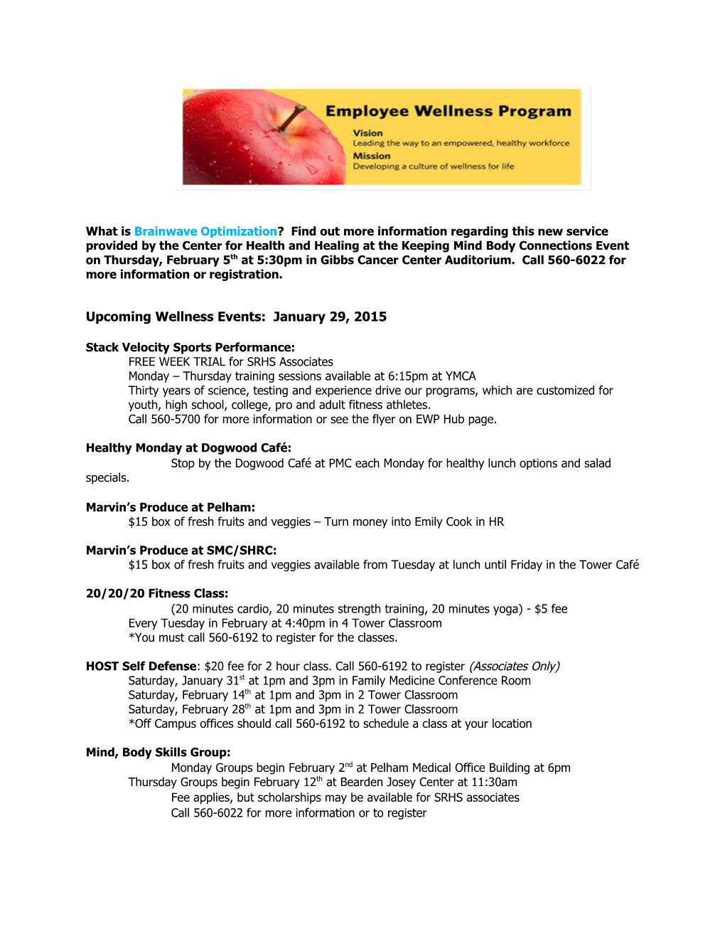 Upcoming Wellness Events: January 29, 2015