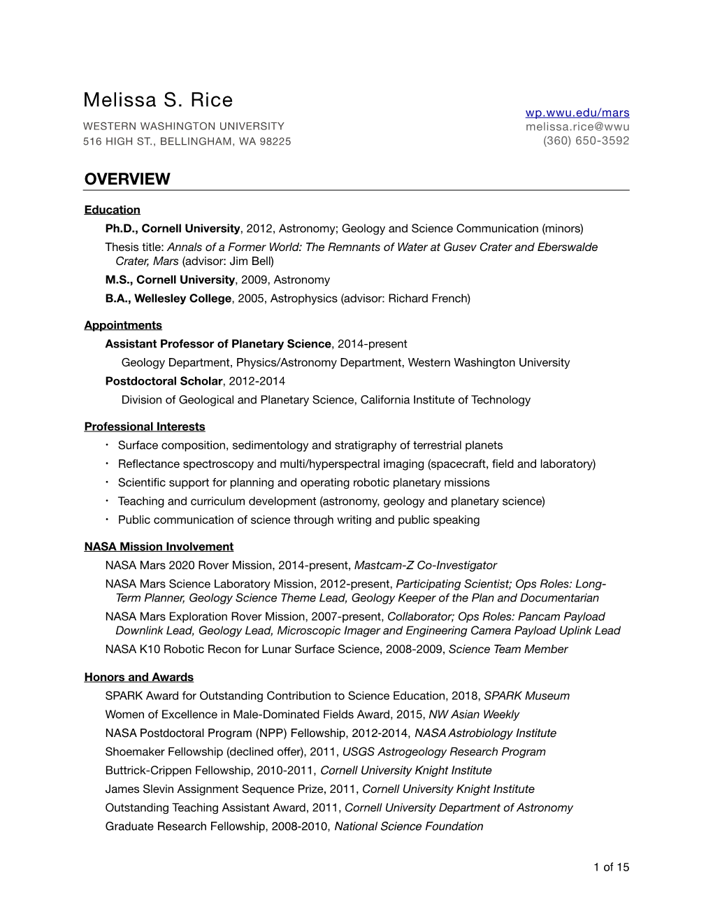 Melissa S. Rice Wp.Wwu.Edu/Mars WESTERN WASHINGTON UNIVERSITY Melissa.Rice@Wwu 516 HIGH ST., BELLINGHAM, WA 98225 (360) 650-3592