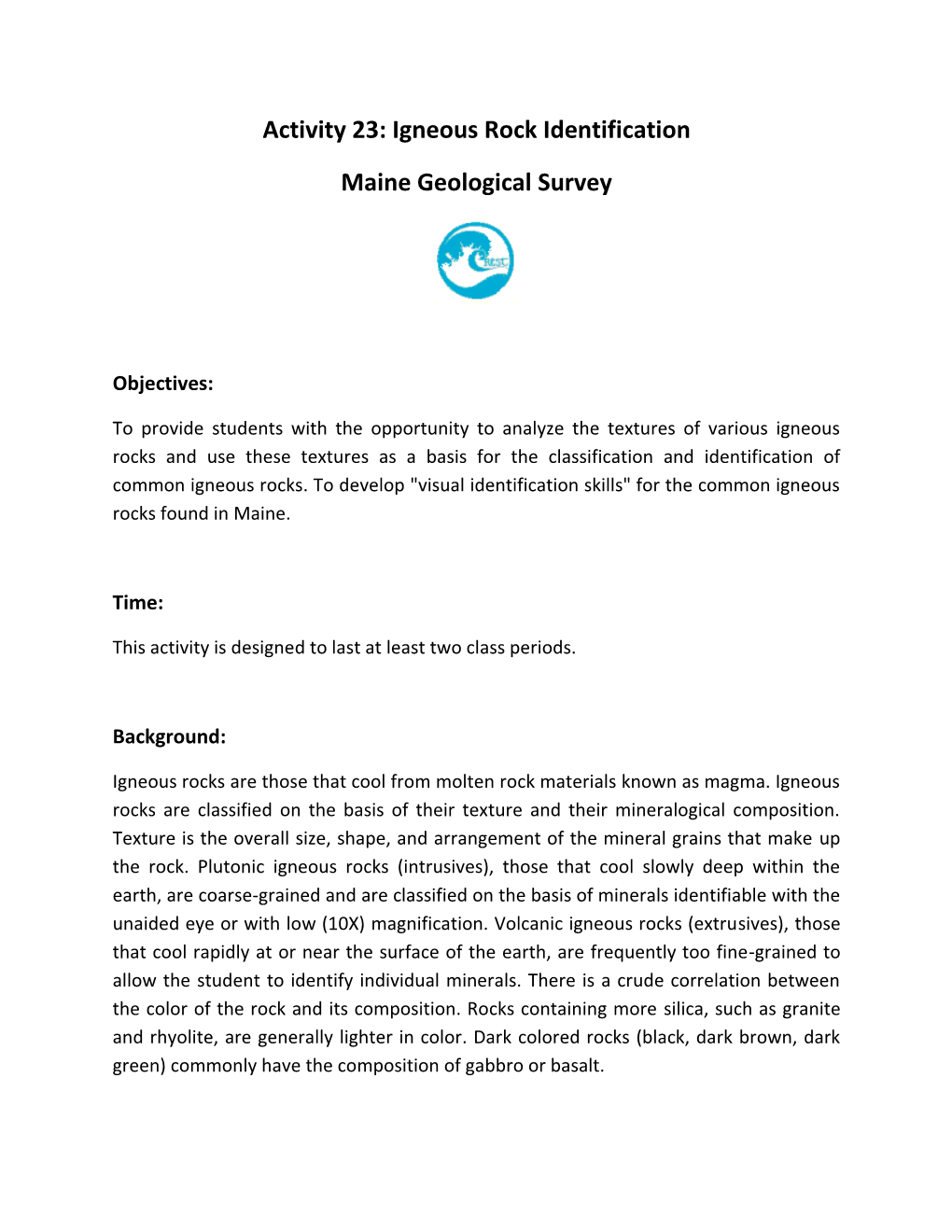 Activity 23: Igneous Rock Identification Maine Geological Survey