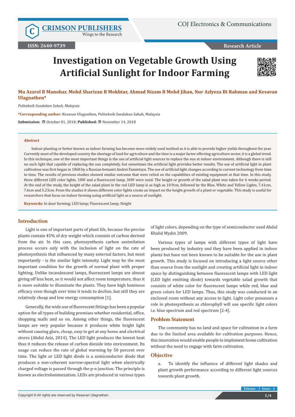 Investigation on Vegetable Growth Using Artificial Sunlight for Indoor Farming