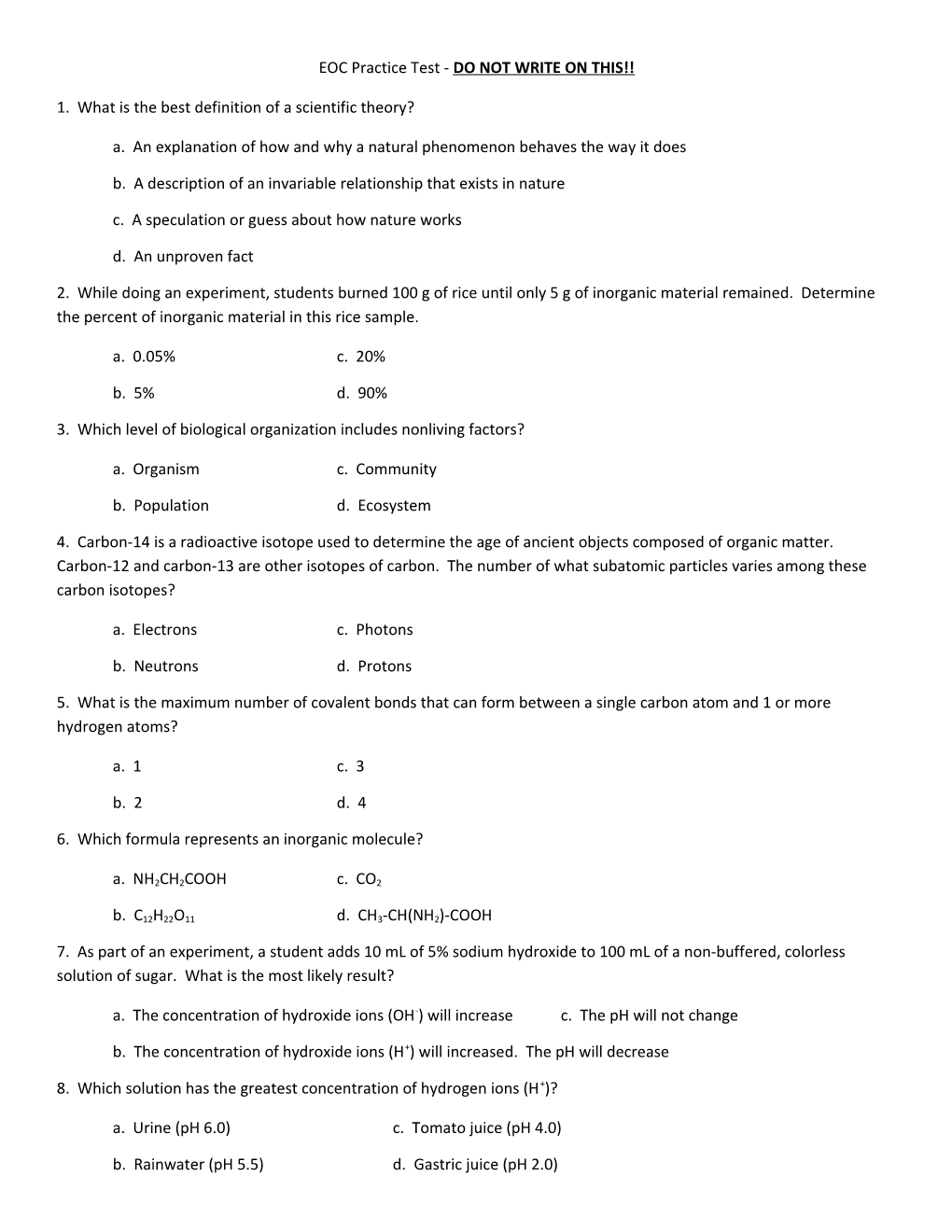 EOC Practice Test - DO NOT WRITE on THIS