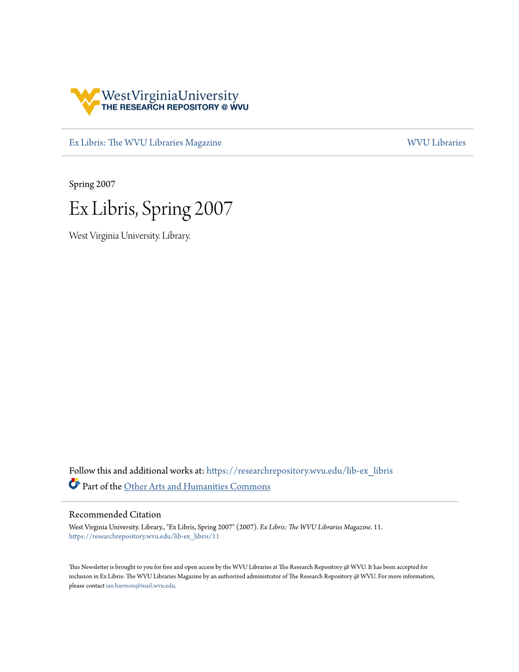 Ex Libris, Spring 2007 West Virginia University