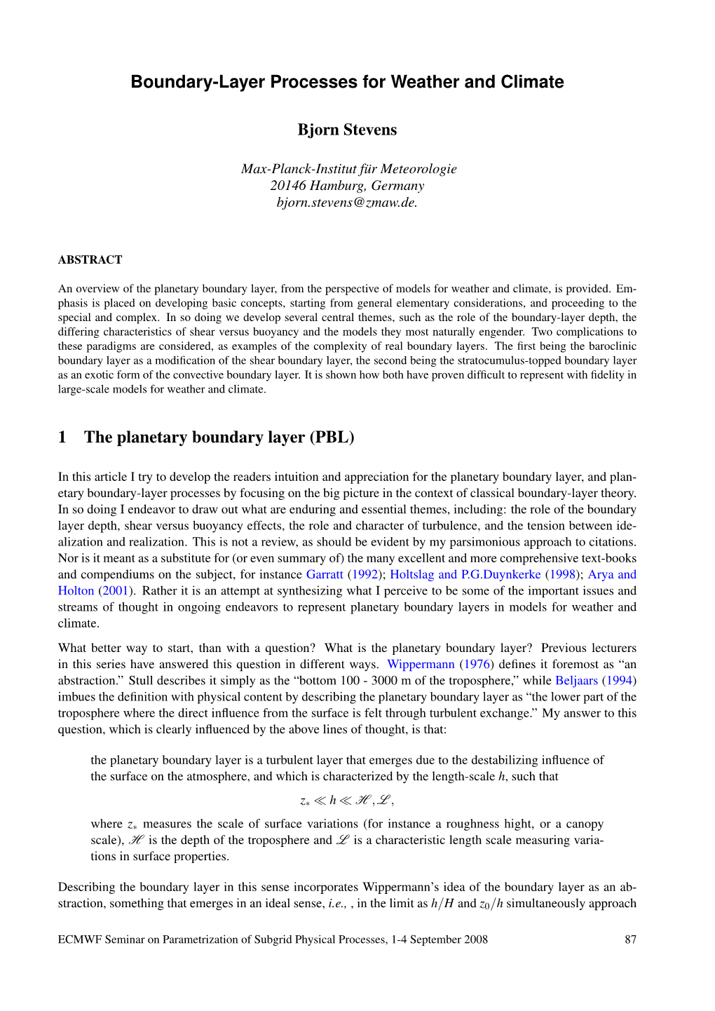 Boundary-Layer Processes for Weather and Climate 1 the Planetary Boundary Layer