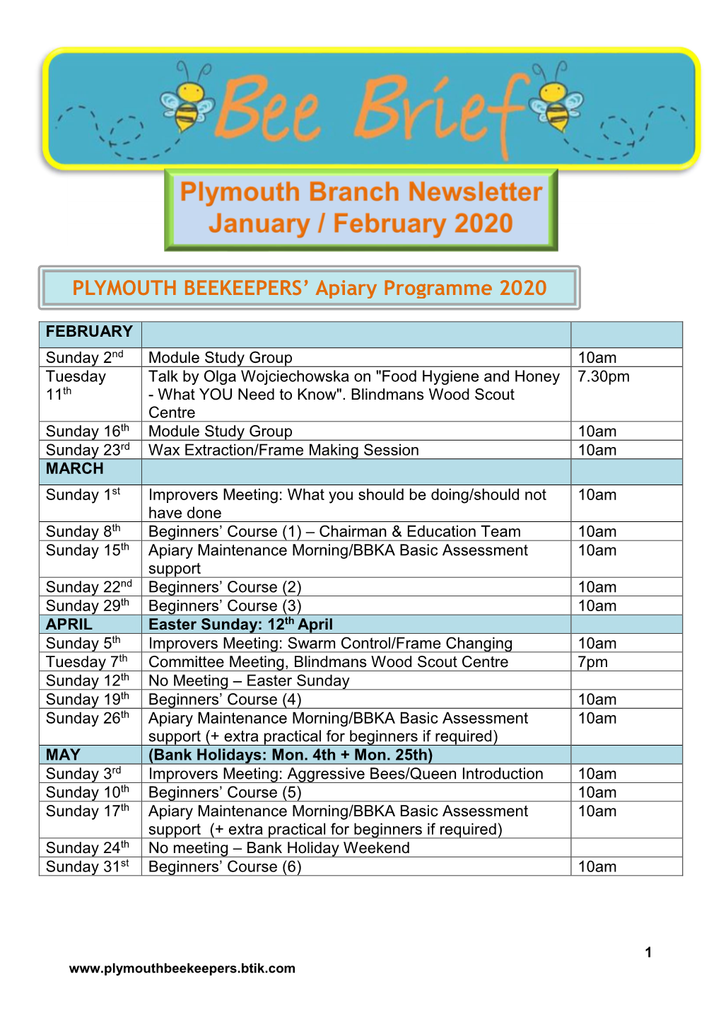 PLYMOUTH BEEKEEPERS' Apiary Programme 2020