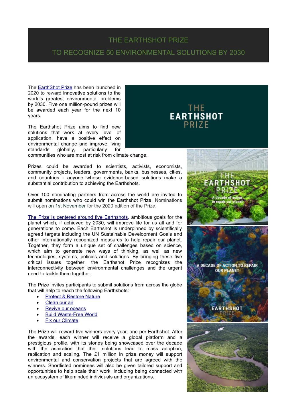 The Earthshot Prize to Recognize 50 Environmental Solutions by 2030