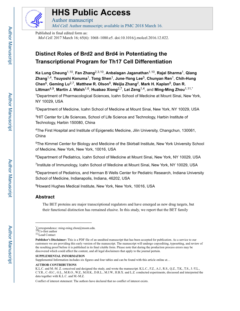 Distinct Roles of Brd2 and Brd4 in Potentiating the Transcriptional Program for Th17 Cell Differentiation