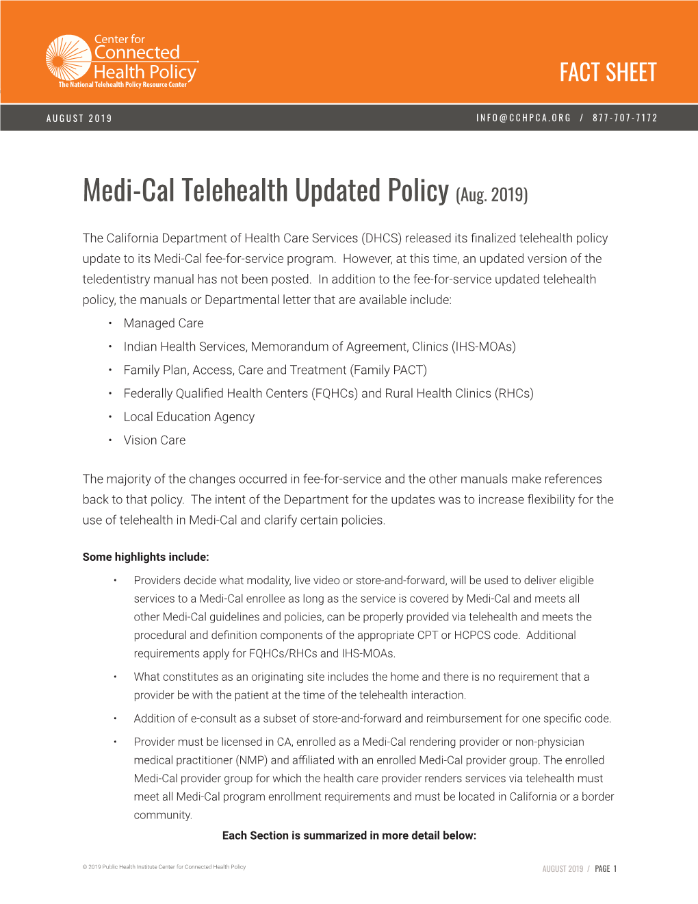 Medi-Cal Telehealth Updated Policy (Aug. 2019)