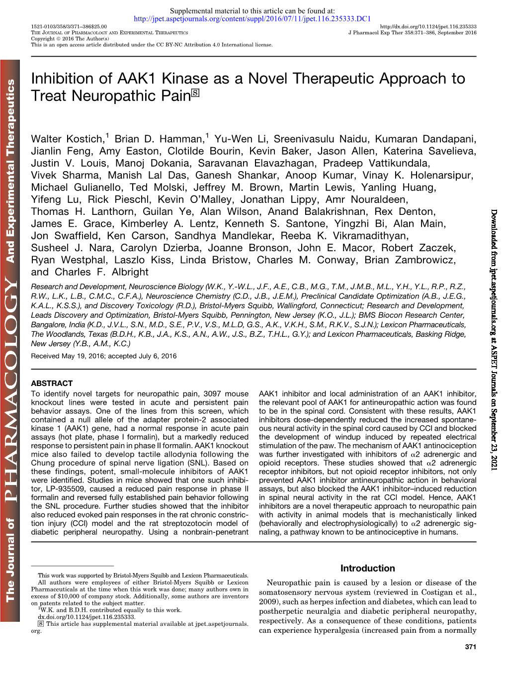 Inhibition of AAK1 Kinase As a Novel Therapeutic Approach to Treat Neuropathic Pain S