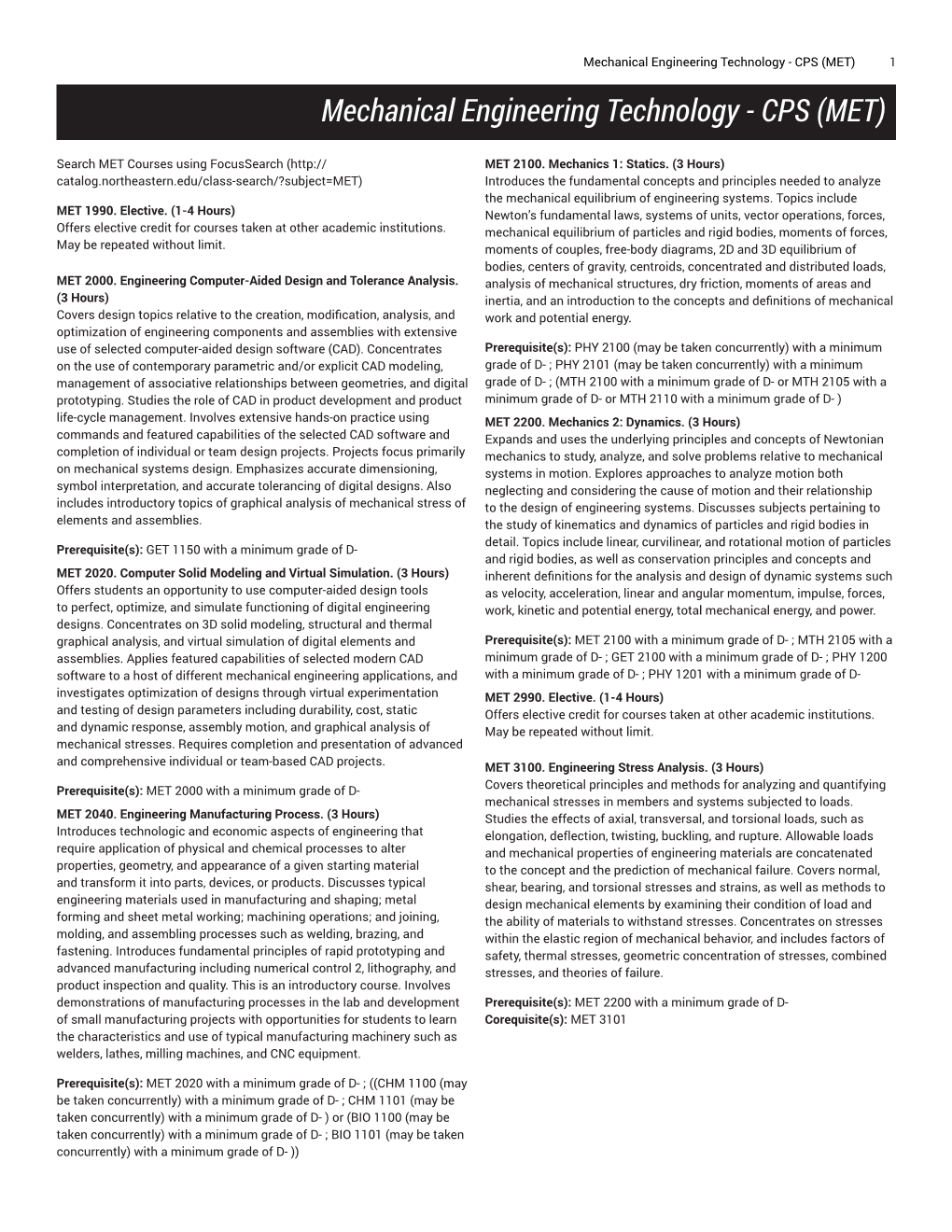 Mechanical Engineering Technology - CPS (MET) 1 Mechanical Engineering Technology - CPS (MET)