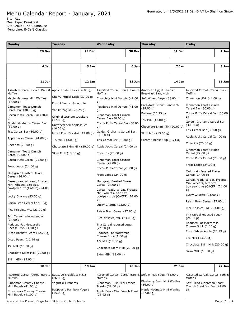 January, 2021 Generated On: 1/5/2021 11:09:46 AM by Shannon Sintek Site: ALL Meal Type: Breakfast Site Group: the Clubhouse Menu Line: B-Café Classics