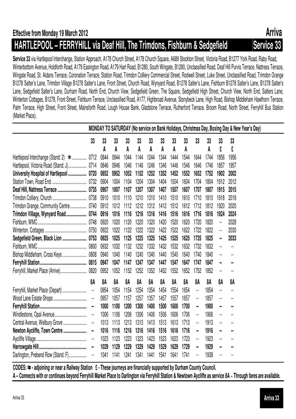 Arriva HARTLEPOOL – FERRYHILL Via Deaf Hill, the Trimdons, Fishburn & Sedgefield Service 33