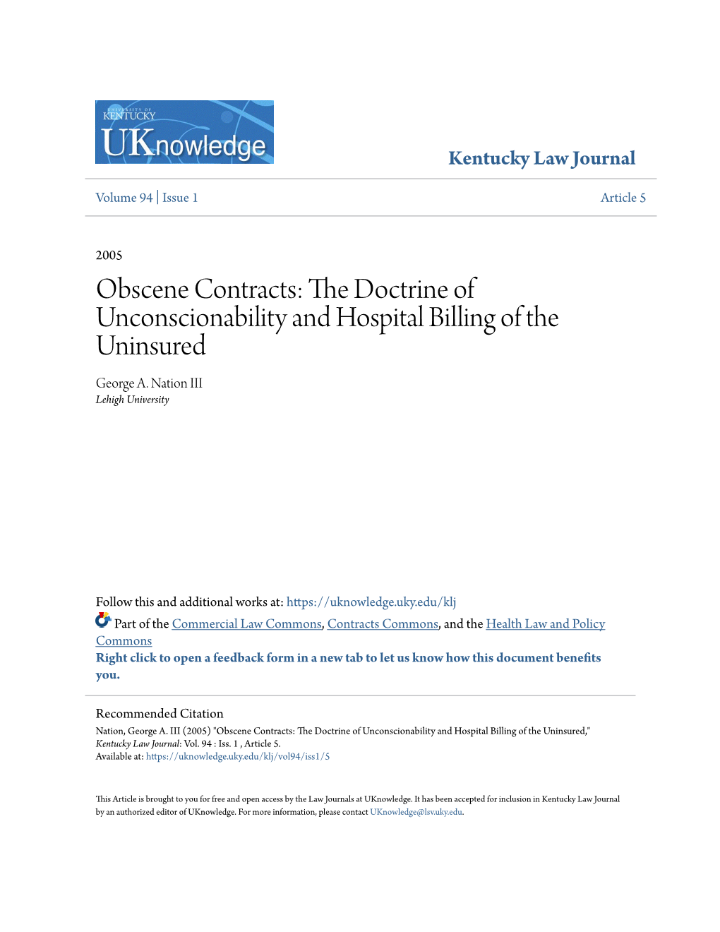 The Doctrine of Unconscionability and Hospital Billing of the Uninsured