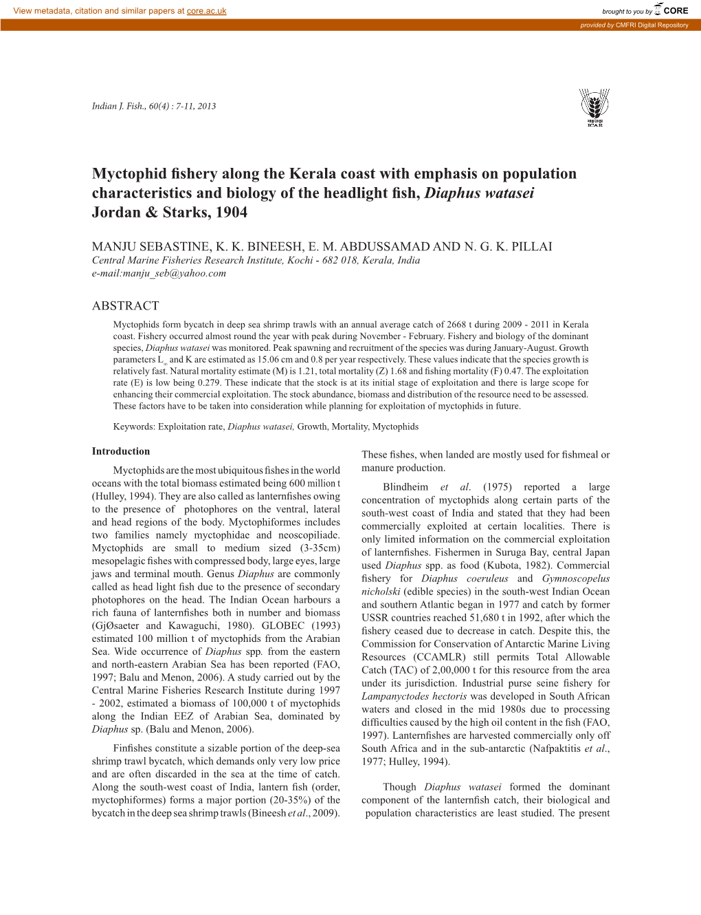 Myctophid Fishery Along the Kerala Coast with Emphasis on Population Characteristics and Biology of the Headlight Fish, Diaphus