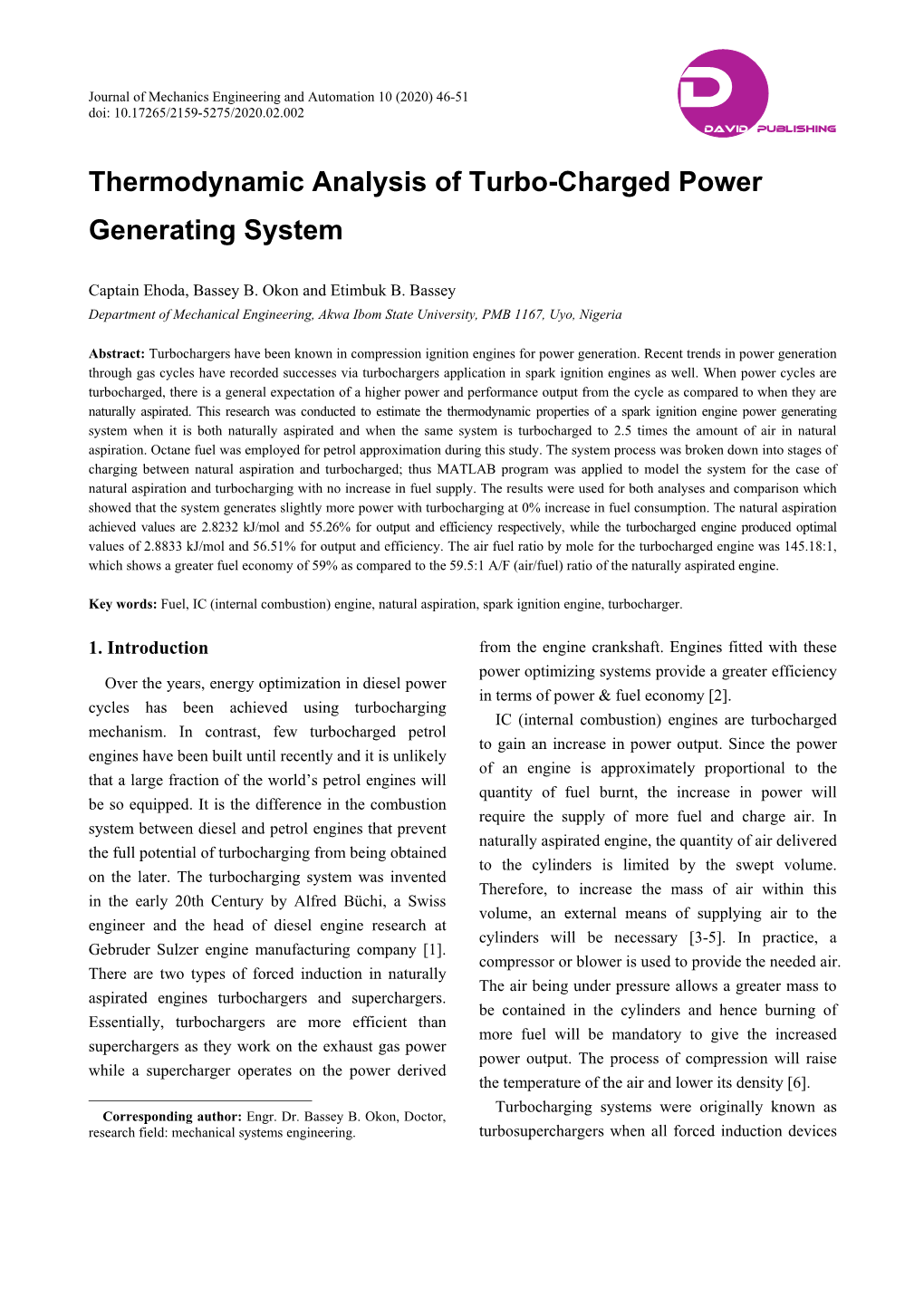 Thermodynamic Analysis of Turbo-Charged Power Generating System