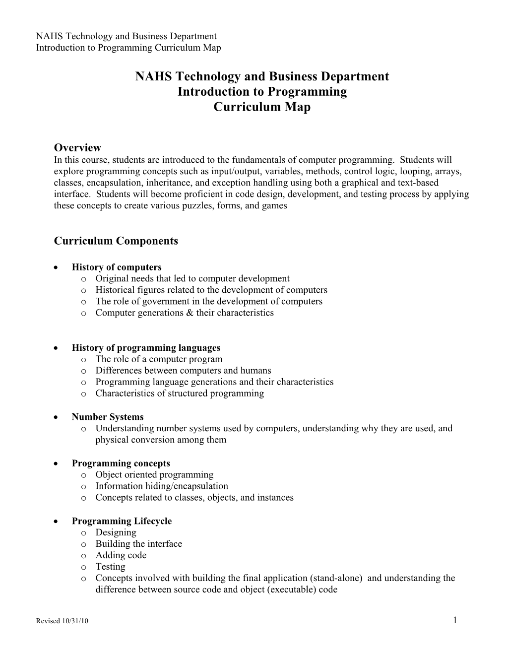 NAHS Technology and Business Department Introduction to Programming Curriculum Map