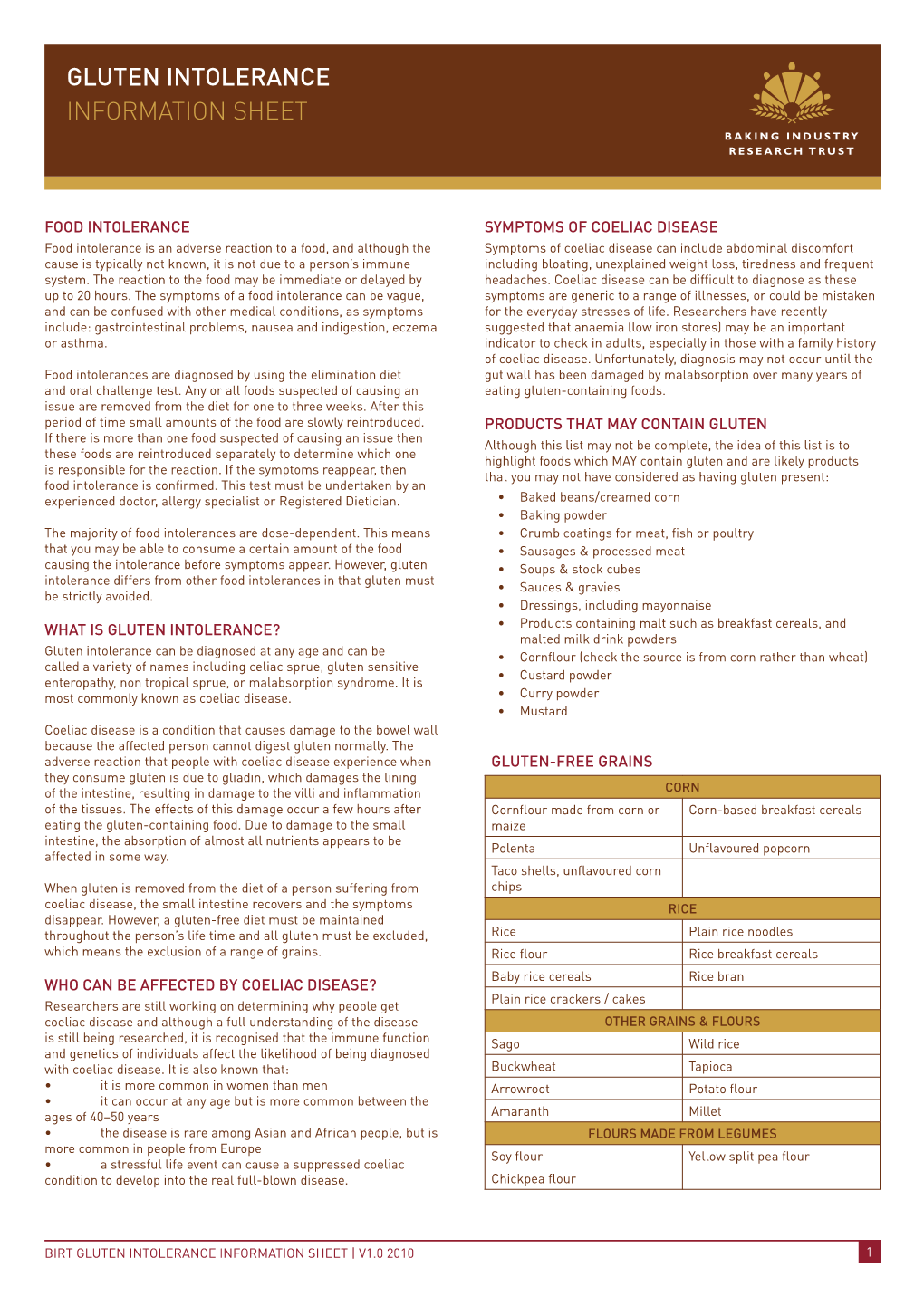 Gluten Intolerance Information Sheet