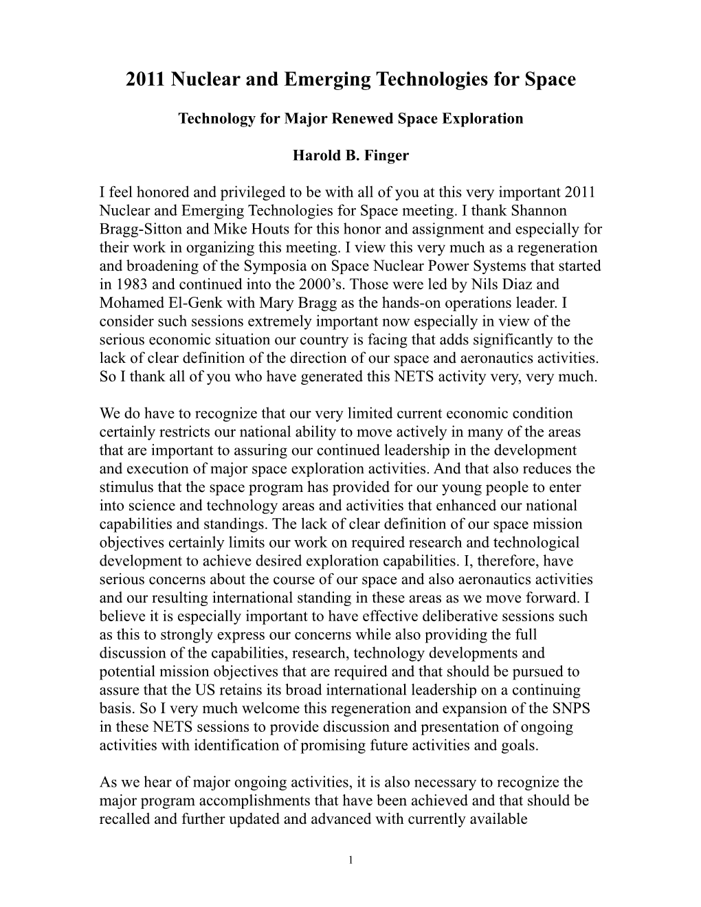 2011 Nuclear and Emerging Technologies for Space