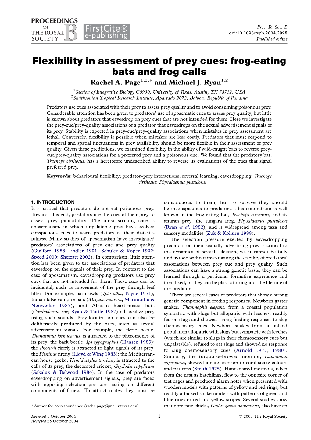 Flexibility in Assessment of Prey Cues: Frog-Eating Bats and Frog Calls Rachel A