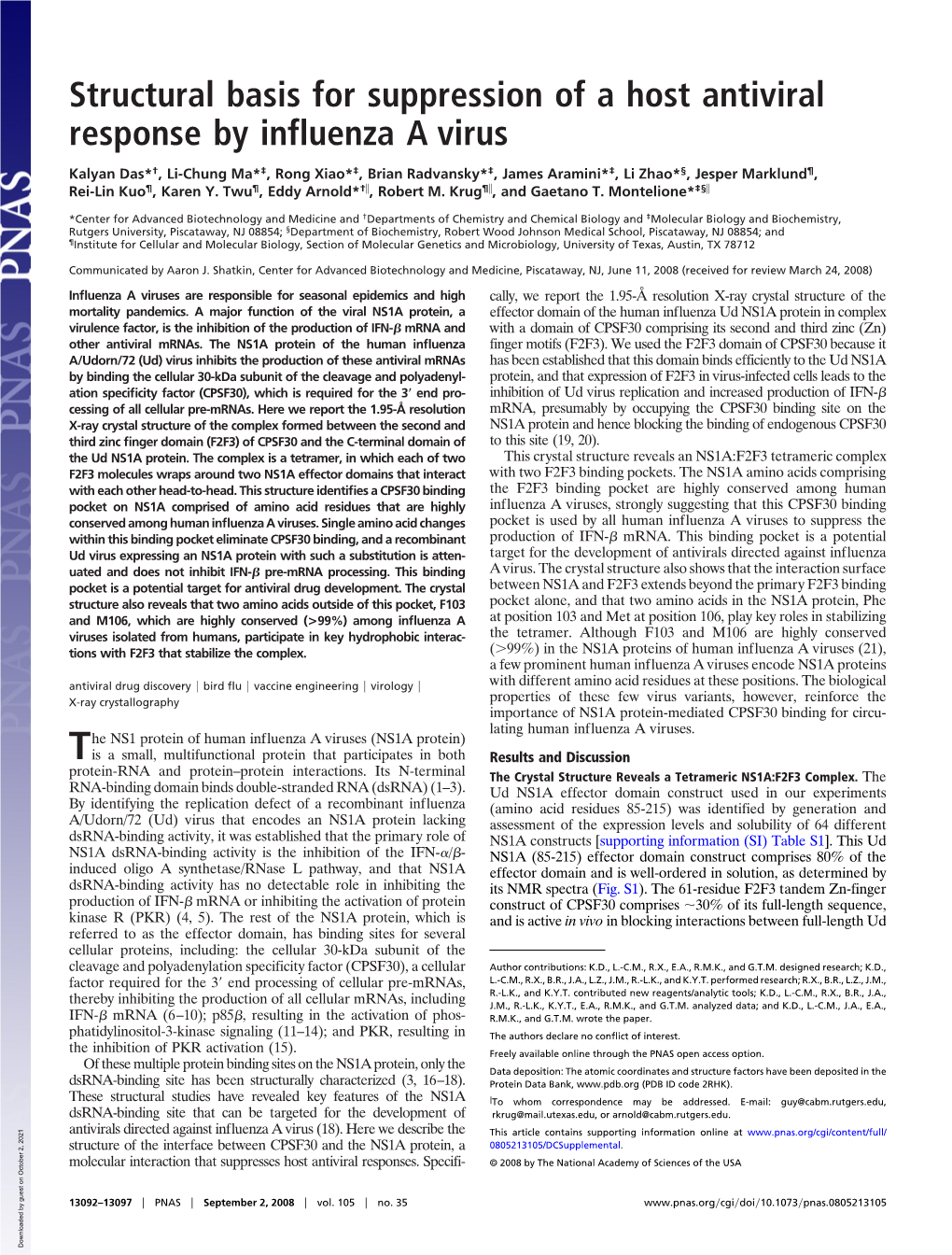 Structural Basis for Suppression of a Host Antiviral Response by Influenza a Virus