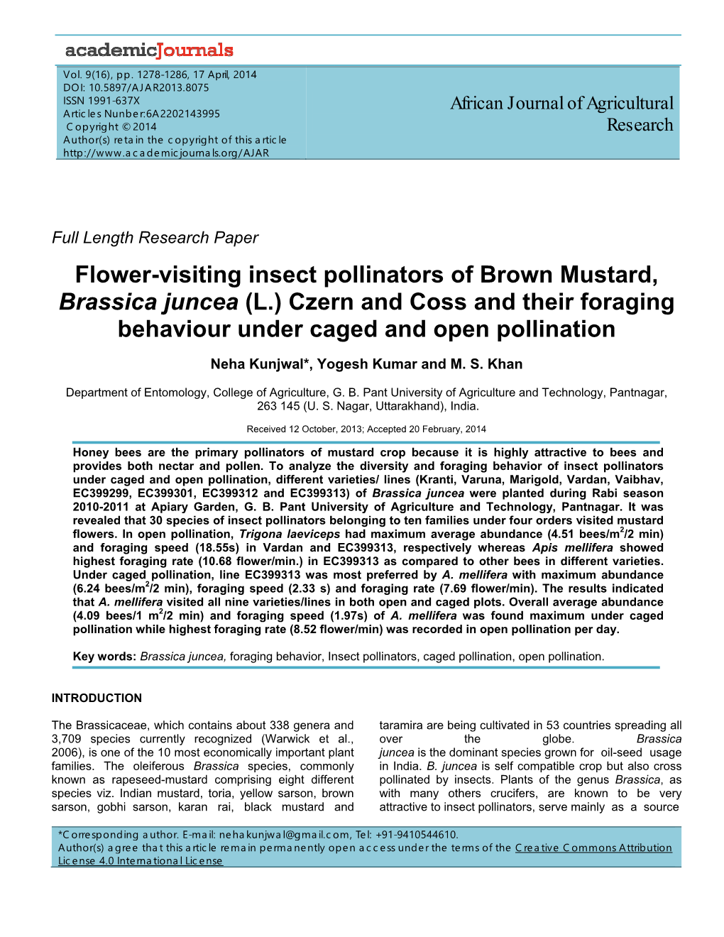 Flower-Visiting Insect Pollinators of Brown Mustard, Brassica Juncea (L.) Czern and Coss and Their Foraging Behaviour Under Caged and Open Pollination