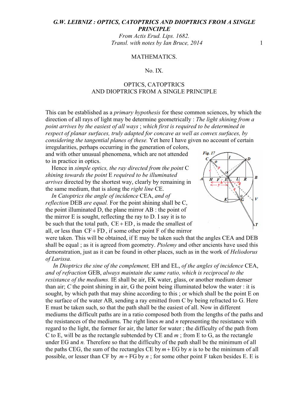 G.W. LEIBNIZ : OPTICS, CATOPTRICS and DIOPTRICS from a SINGLE PRINCIPLE from Actis Erud