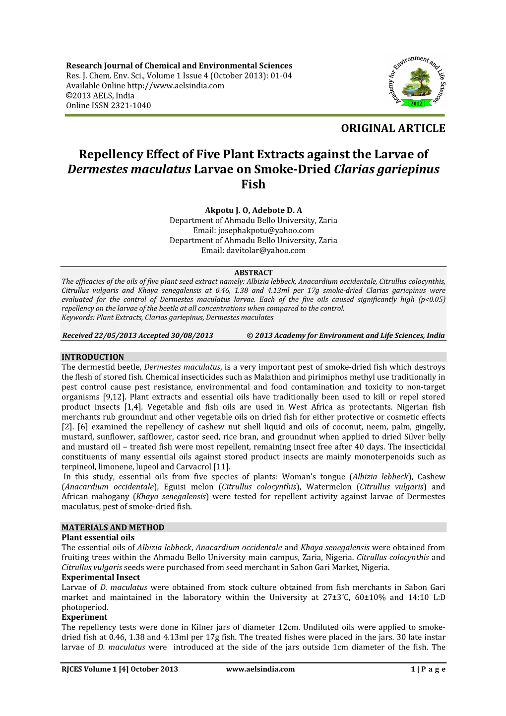 Dermestes Maculatus Larvae on Smoke-Dried Clarias Gariepinus Fish