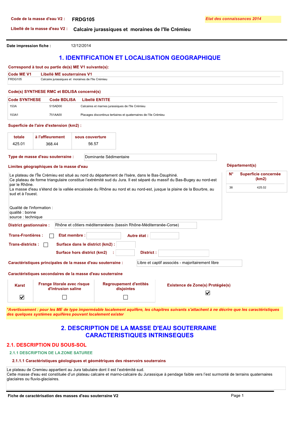 FRDG105 Etat Des Connaissances 2014 Libellé De La Masse D'eau V2 : Calcaire Jurassiques Et Moraines De L'ile Crémieu