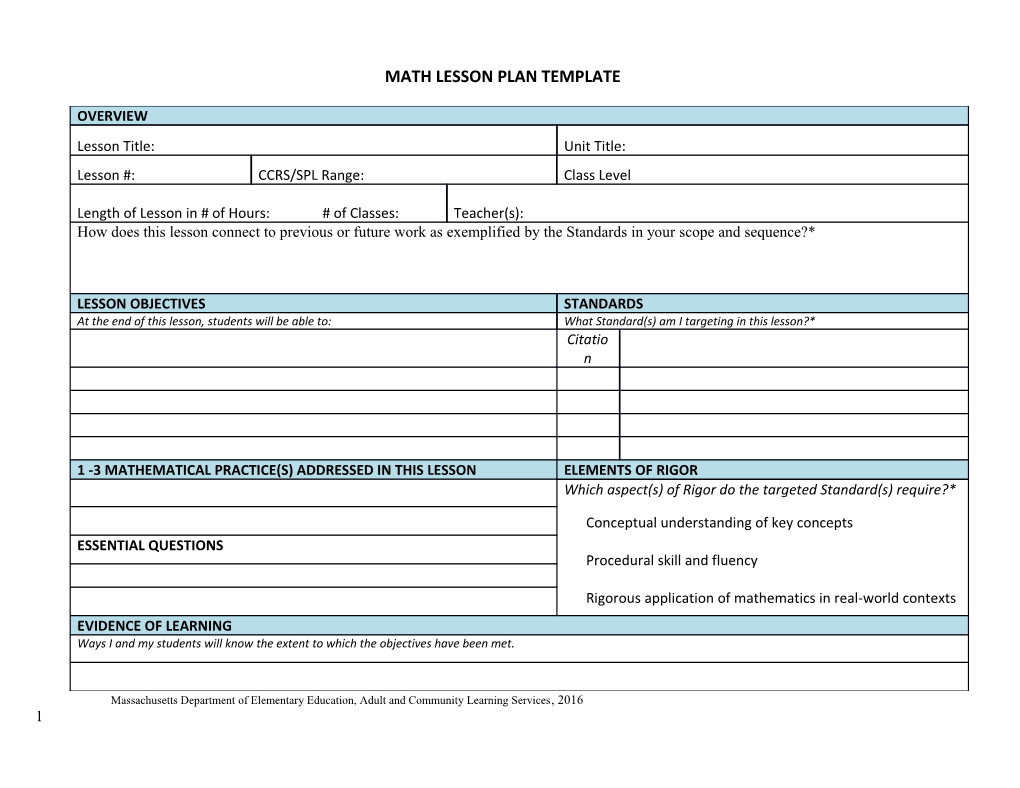 Math Lesson Plan Template