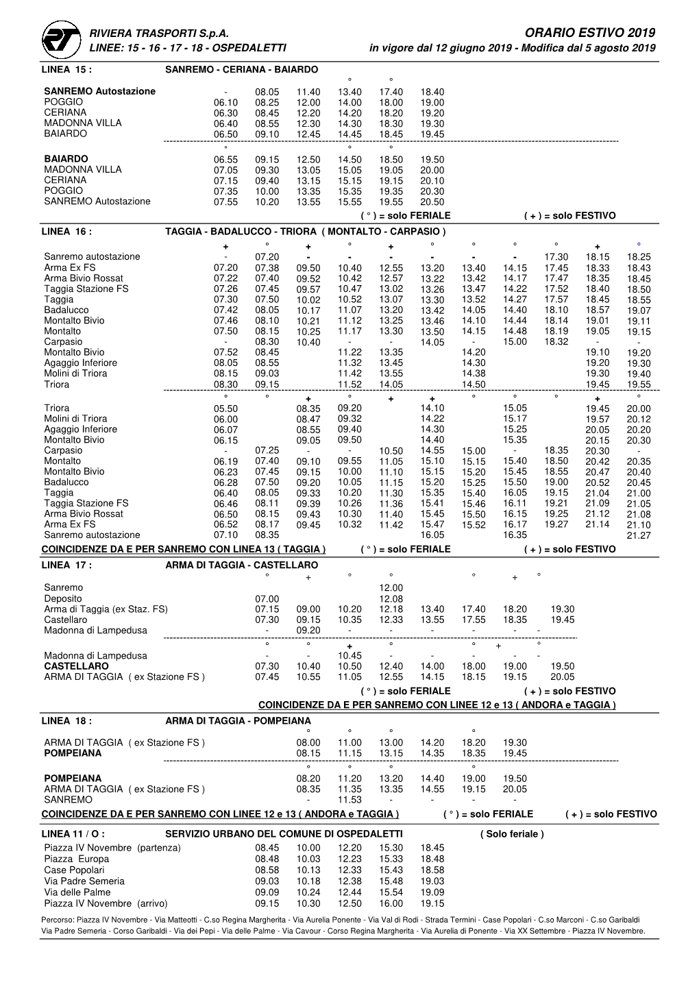 ORARIO ESTIVO 2019 LINEE: 15 - 16 - 17 - 18 - OSPEDALETTI in Vigore Dal 12 Giugno 2019 - Modifica Dal 5 Agosto 2019