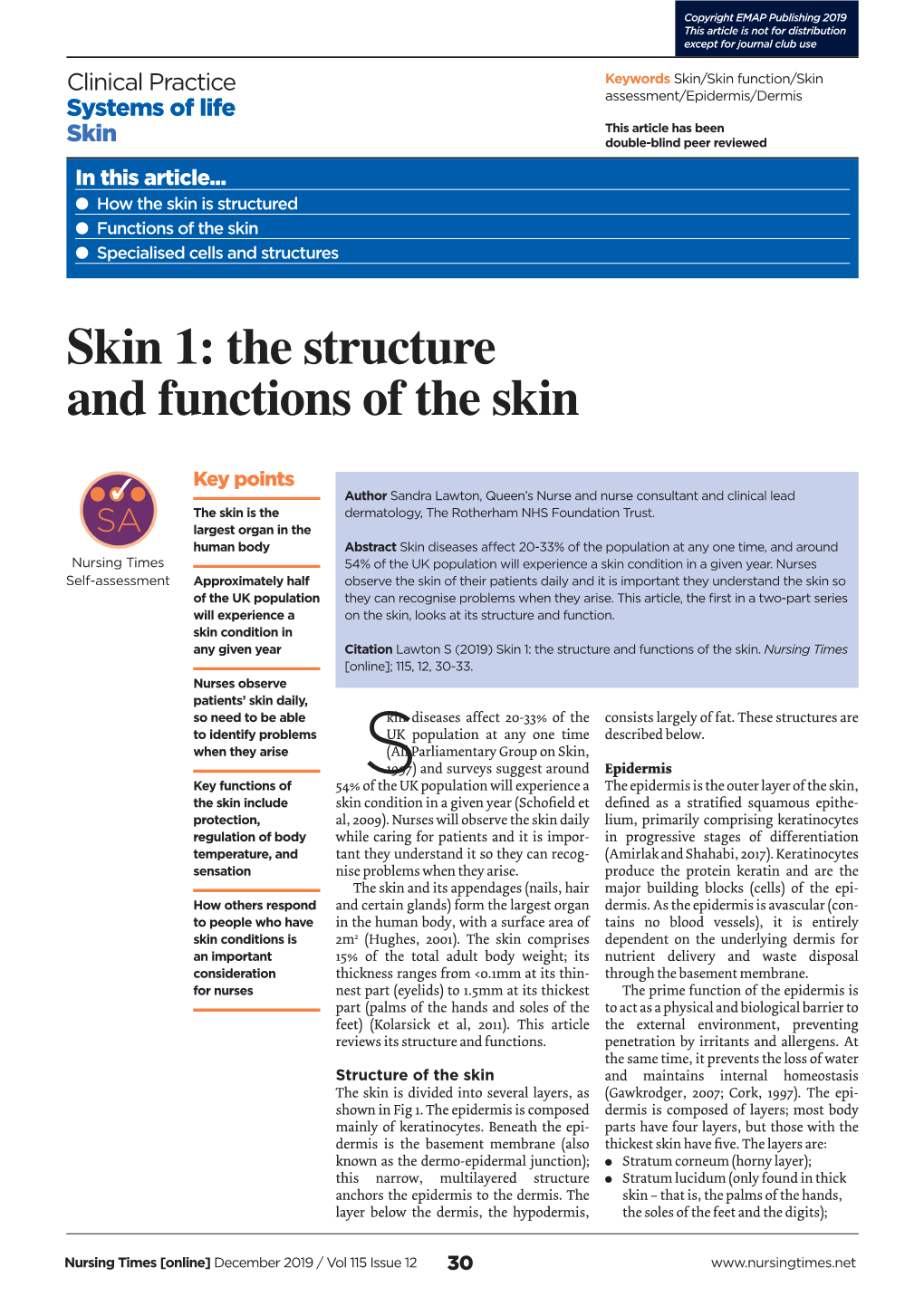 Skin 1: the Structure and Functions of the Skin