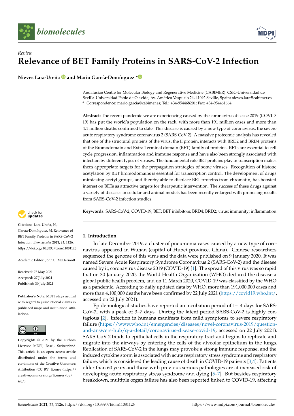 Relevance of BET Family Proteins in SARS-Cov-2 Infection