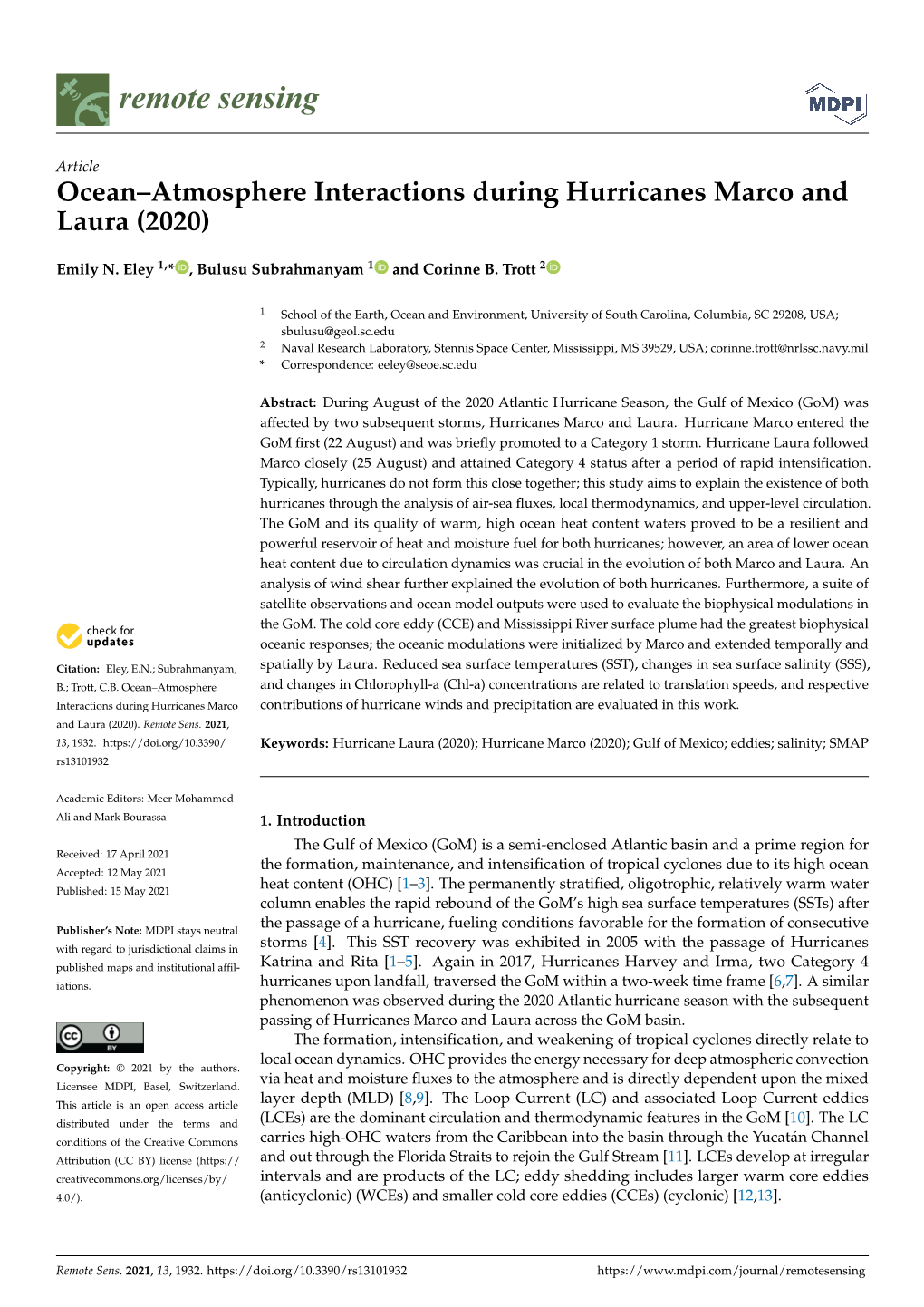 Ocean–Atmosphere Interactions During Hurricanes Marco and Laura (2020)