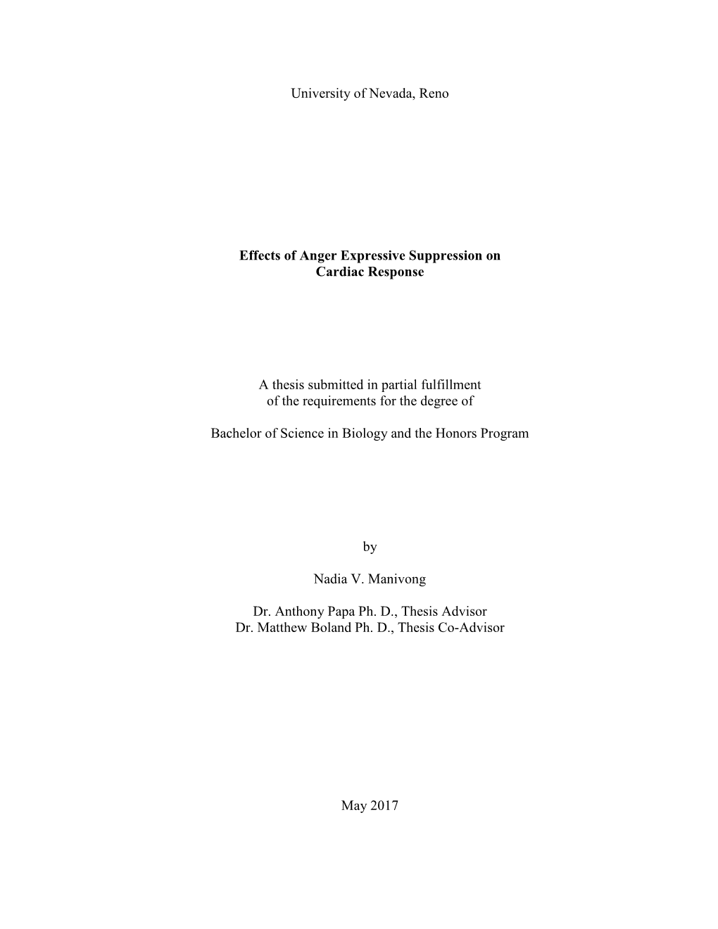 University of Nevada, Reno Effects of Anger Expressive Suppression On