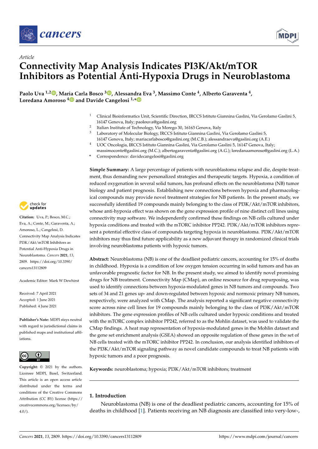 Connectivity Map Analysis Indicates PI3K/Akt/Mtor Inhibitors As Potential Anti-Hypoxia Drugs in Neuroblastoma