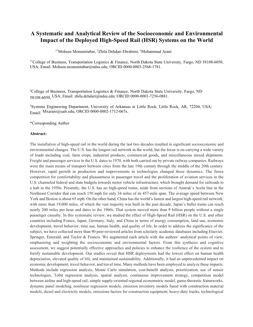 A Systematic and Analytical Review of the Socioeconomic and Environmental Impact of the Deployed High-Speed Rail (HSR) Systems on the World