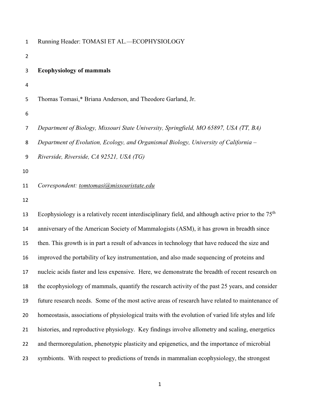 Running Header: TOMASI ET AL.—ECOPHYSIOLOGY