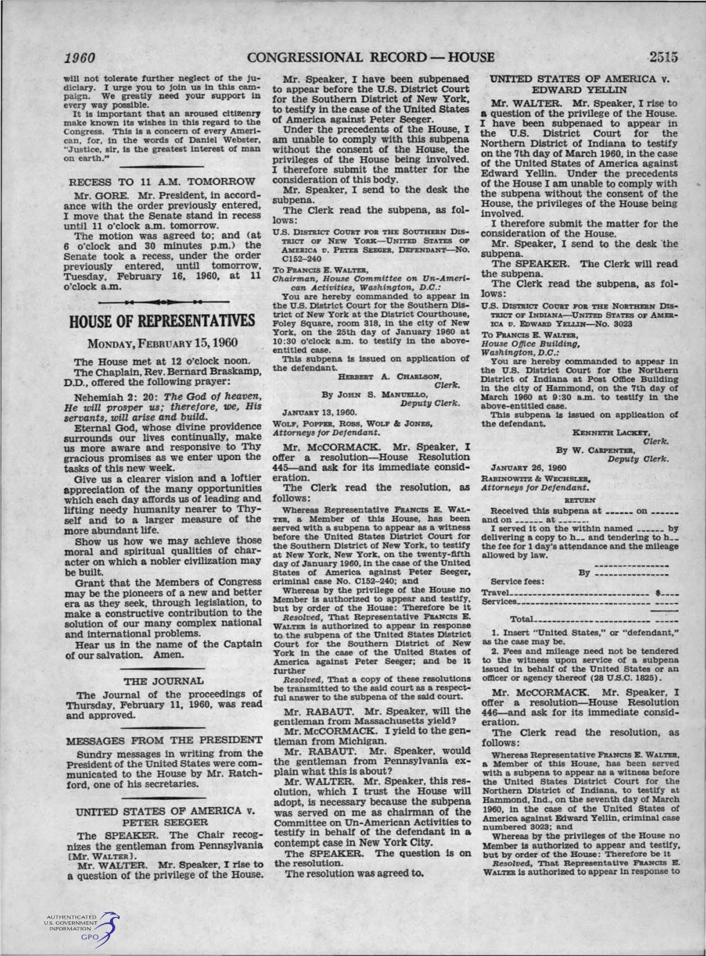 HOUSE of REPRESENTATIVES Foley Square, Room· 318, in the City of New ICA V