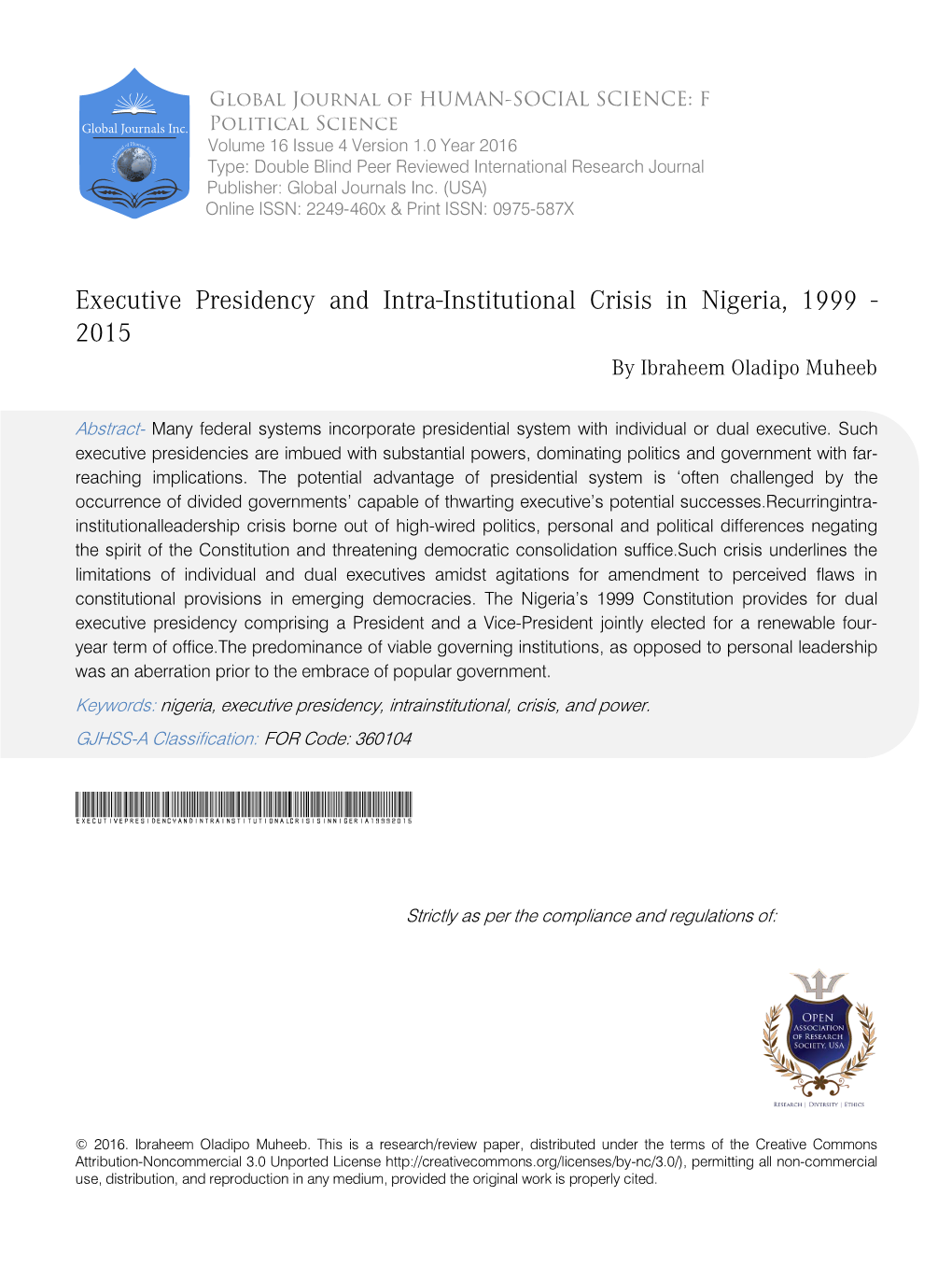 Executive Presidency and Intra-Institutional Crisis in Nigeria, 1999 - 2015 by Ibraheem Oladipo Muheeb