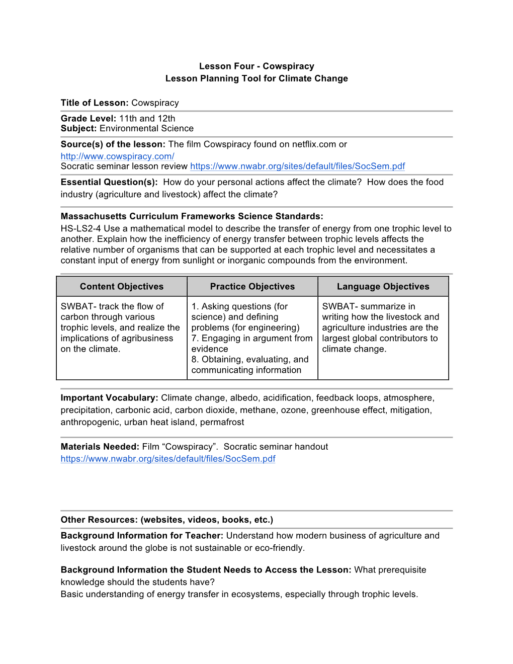 Cowspiracy Lesson Planning Tool for Climate Change