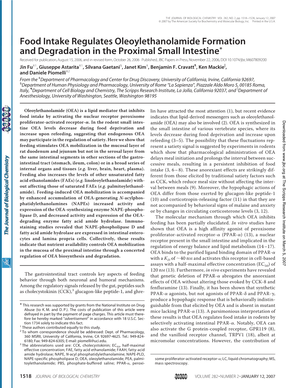 Food Intake Regulates Oleoylethanolamide Formation And